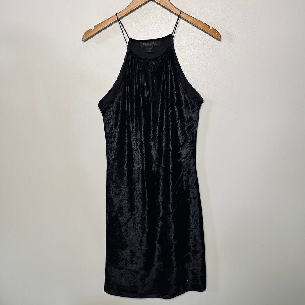 VTG 90s Dress Y2K Rave Punk Party Halter Black Crushed Velvet Rayon Club 5/6
